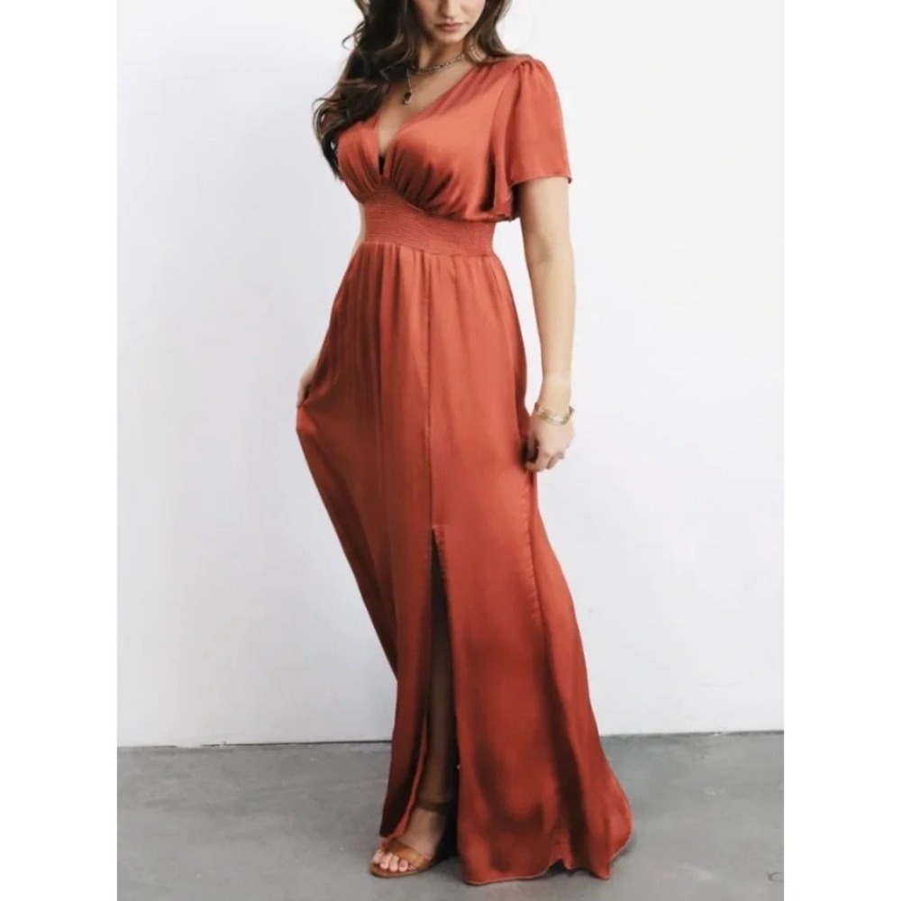 BALTIC BORN Prague V-Neck Short Flutter Sleeve Maxi Dress in Rust